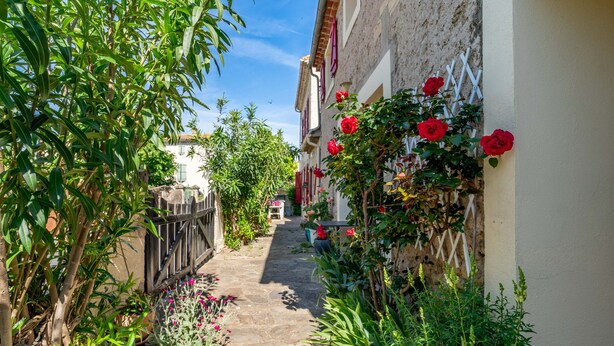 Un étroit sentier de pierre, bordé d’une végétation luxuriante et de fleurs rouges, mène à un bâtiment blanc doté d’une porte rouge.