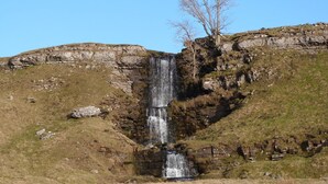 Een waterval stort neer over een rotswand, omringd door grasland.