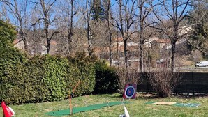 A grassy area with a target, a hedge, and a tree stump with a gnome figure. - Nature getaway: cottage with grounds (Saint antheme)