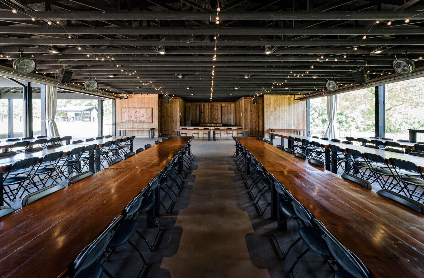 The property features an open-air pavilion with dedicated seating areas.