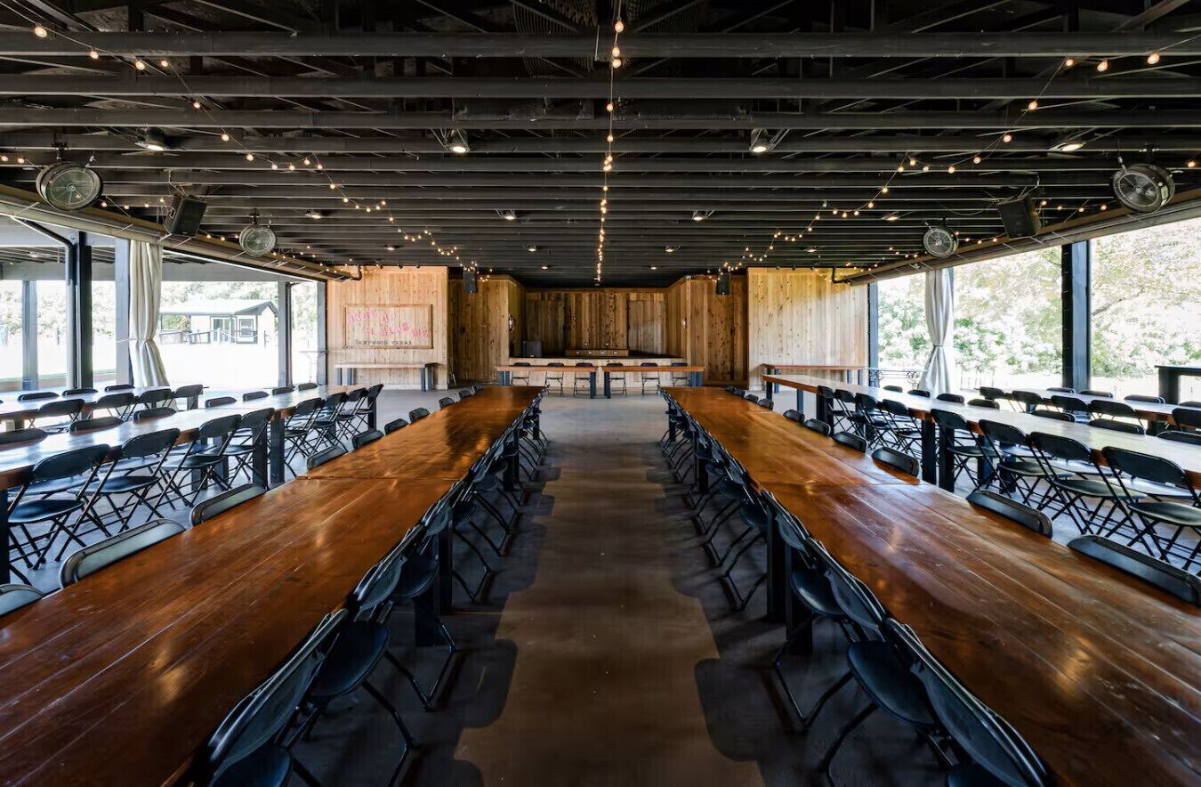 The property features an open-air pavilion with dedicated seating areas.