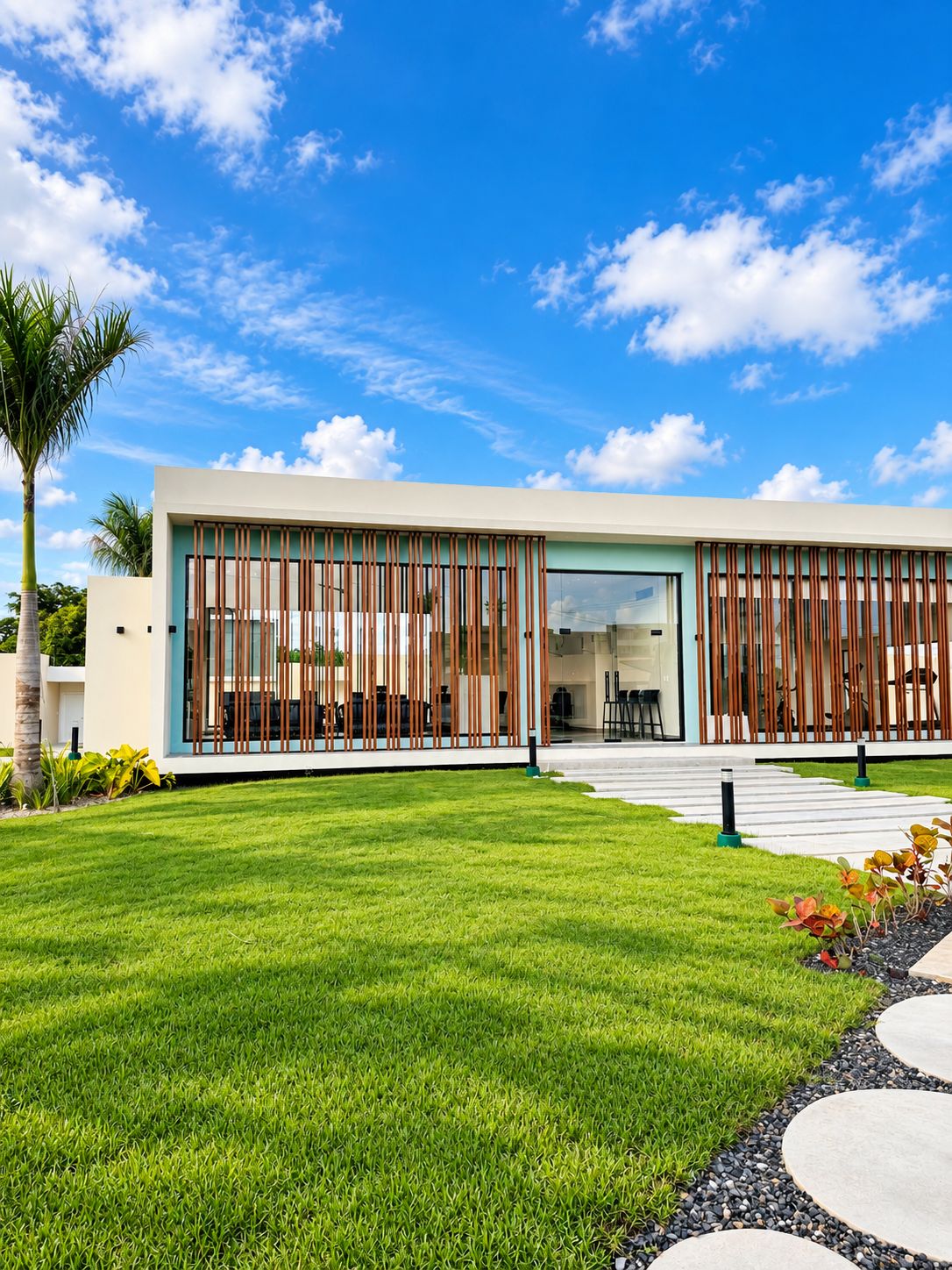 A modern house with a large glass door, a well-maintained lawn, and a clear blue sky.