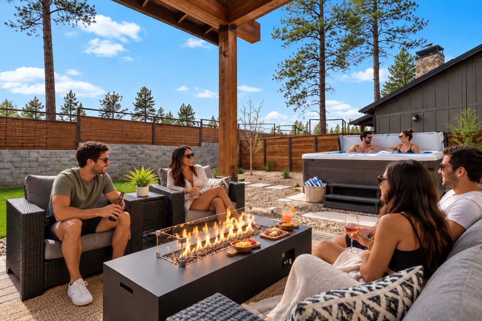 An outdoor seating area with a fire feature, a hot tub, and a stone wall backdrop.