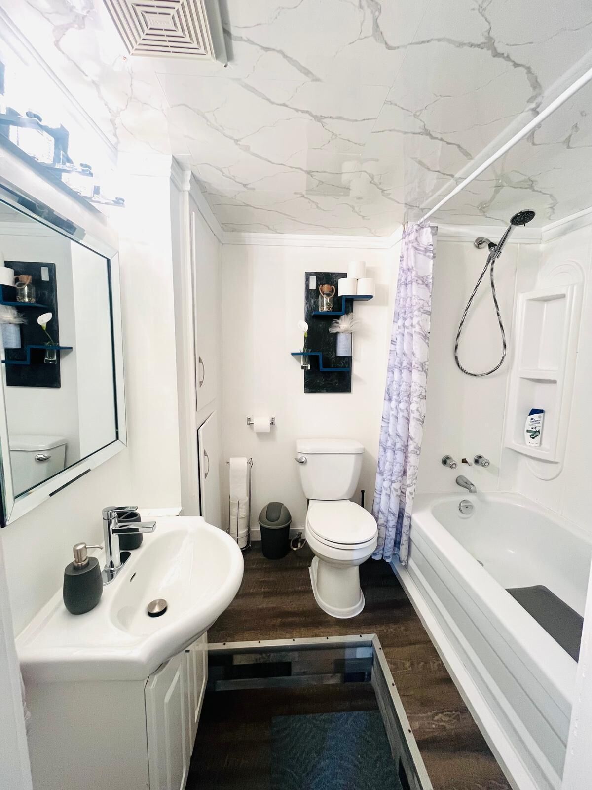 Hair dryer, towels, soap, shampoo