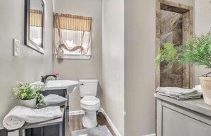 A bathroom with a sink, toilet, and a mirror. There is a window with curtains, a plant on the counter, and a towel rack. - Southern Sisters Retreat - The Lisa: Stylish, Cozy, Near MSU, Fire Pit + Grill (Starkville)
