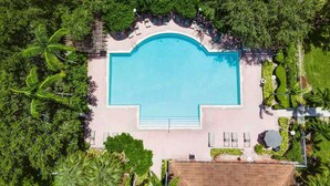 An aerial view of a rectangular swimming pool surrounded by lush greenery and a paved walkway. - 5-STAR Sarasota Stay Luxur 2BR/2BA (Sarasota)