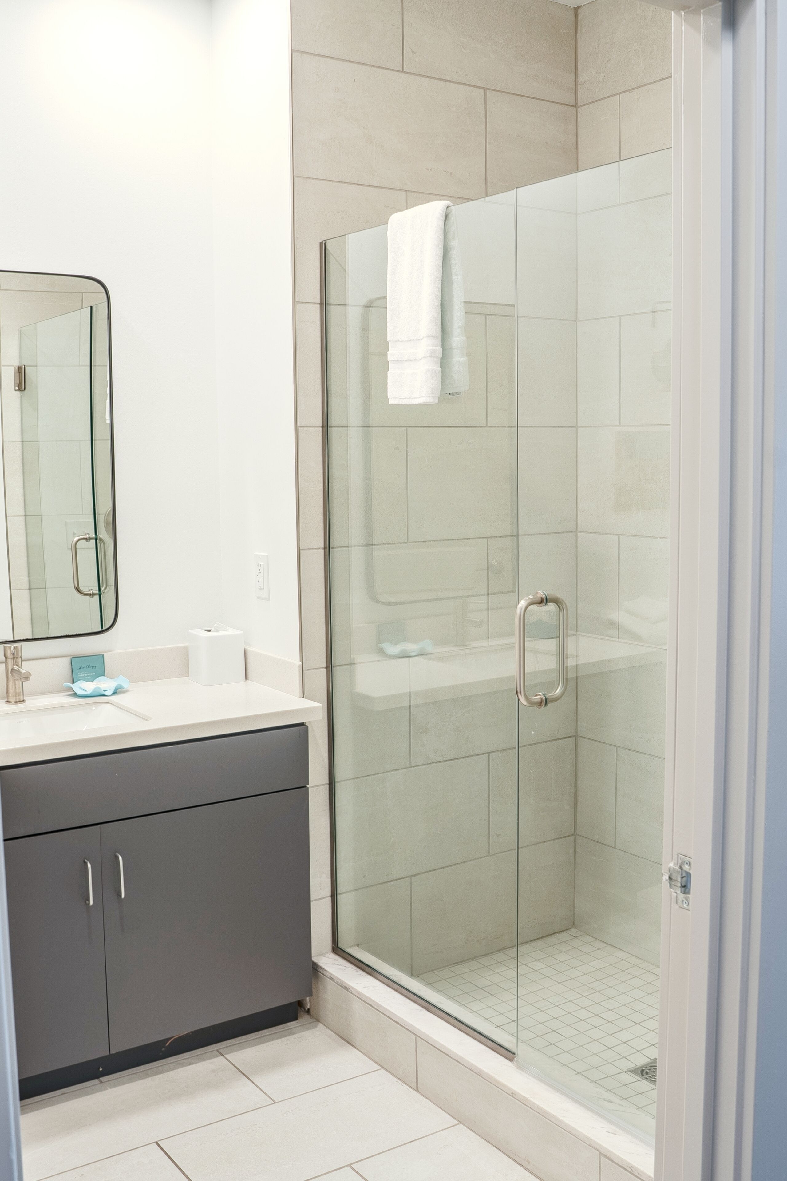 A modern bathroom with a glass shower enclosure, a white sink, and a dark-colored cabinet.