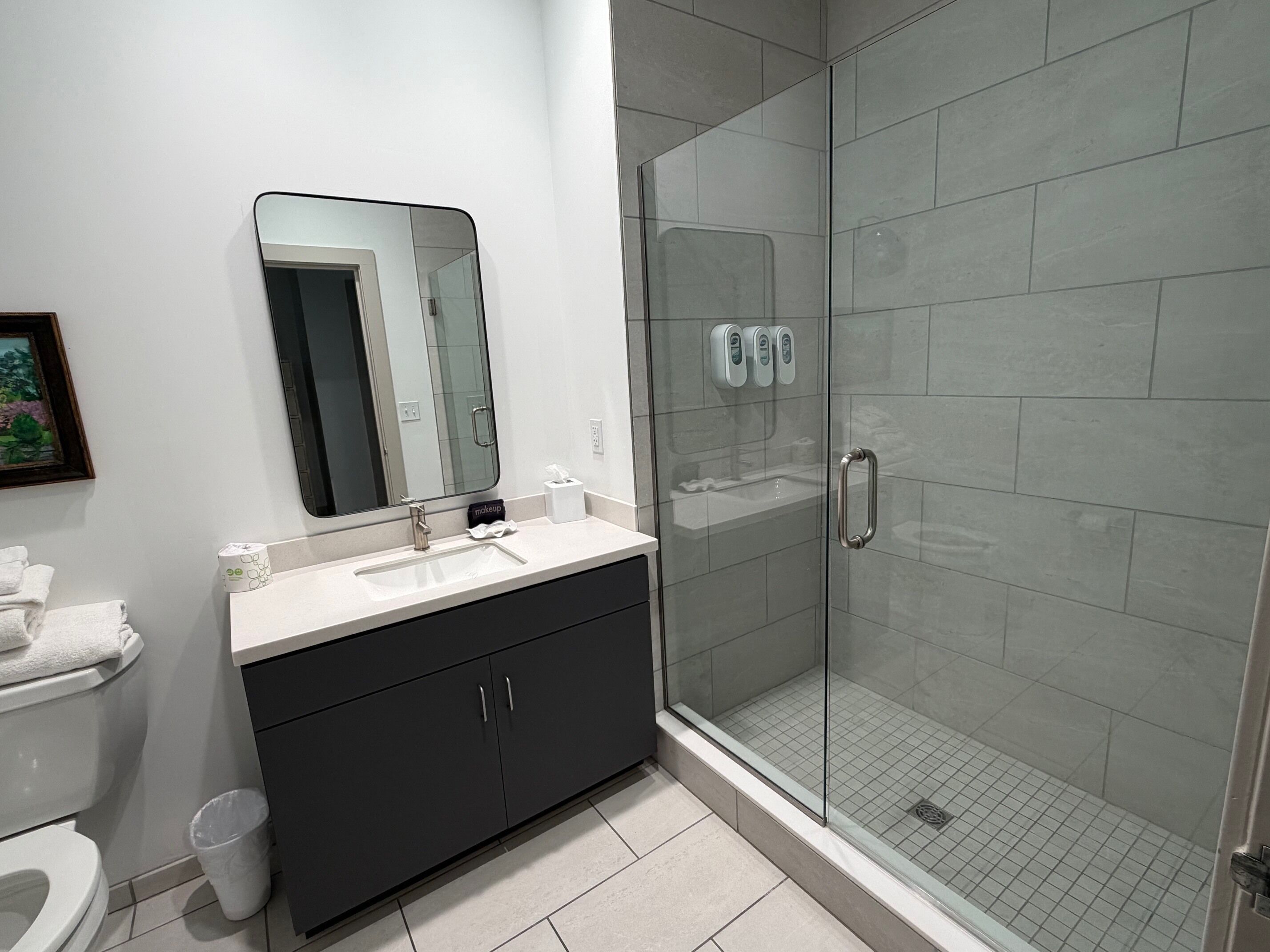 Un bagno moderno con doccia vetrata, lavabo con specchio sopra e servizi igienici.