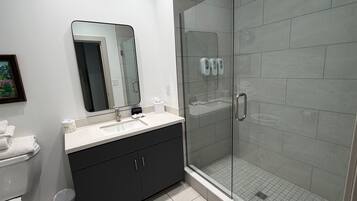 Un bagno moderno con doccia vetrata, lavabo con specchio sopra e servizi igienici.