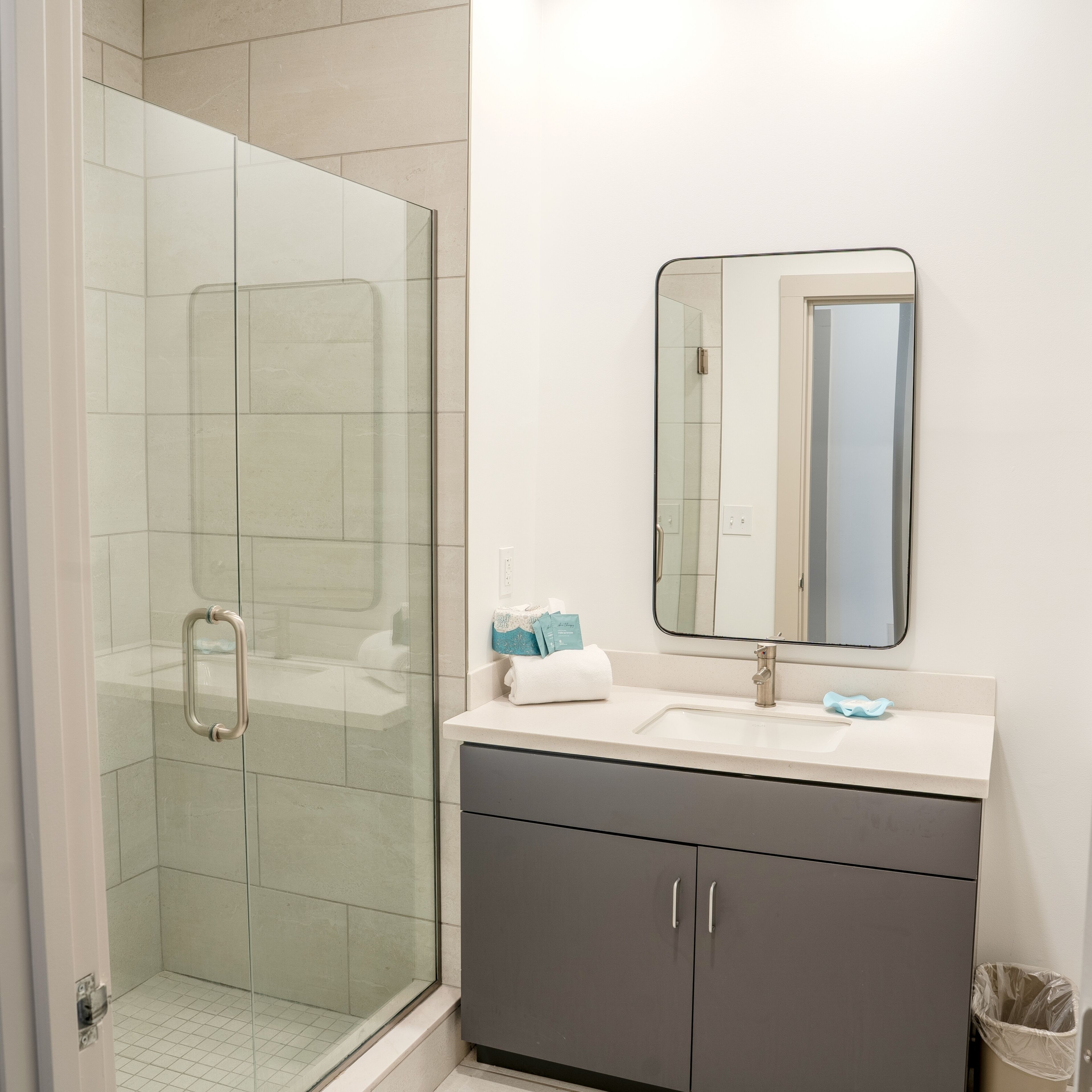 A bathroom with a glass shower enclosure, a sink with a mirror, and a cabinet below.