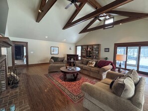 Smart TV, fireplace, books