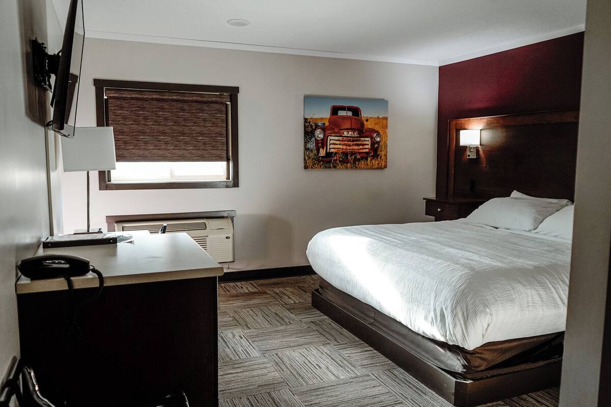 Una habitación de hotel con cama, escritorio, lámpara, radiador y un cuadro en la pared.