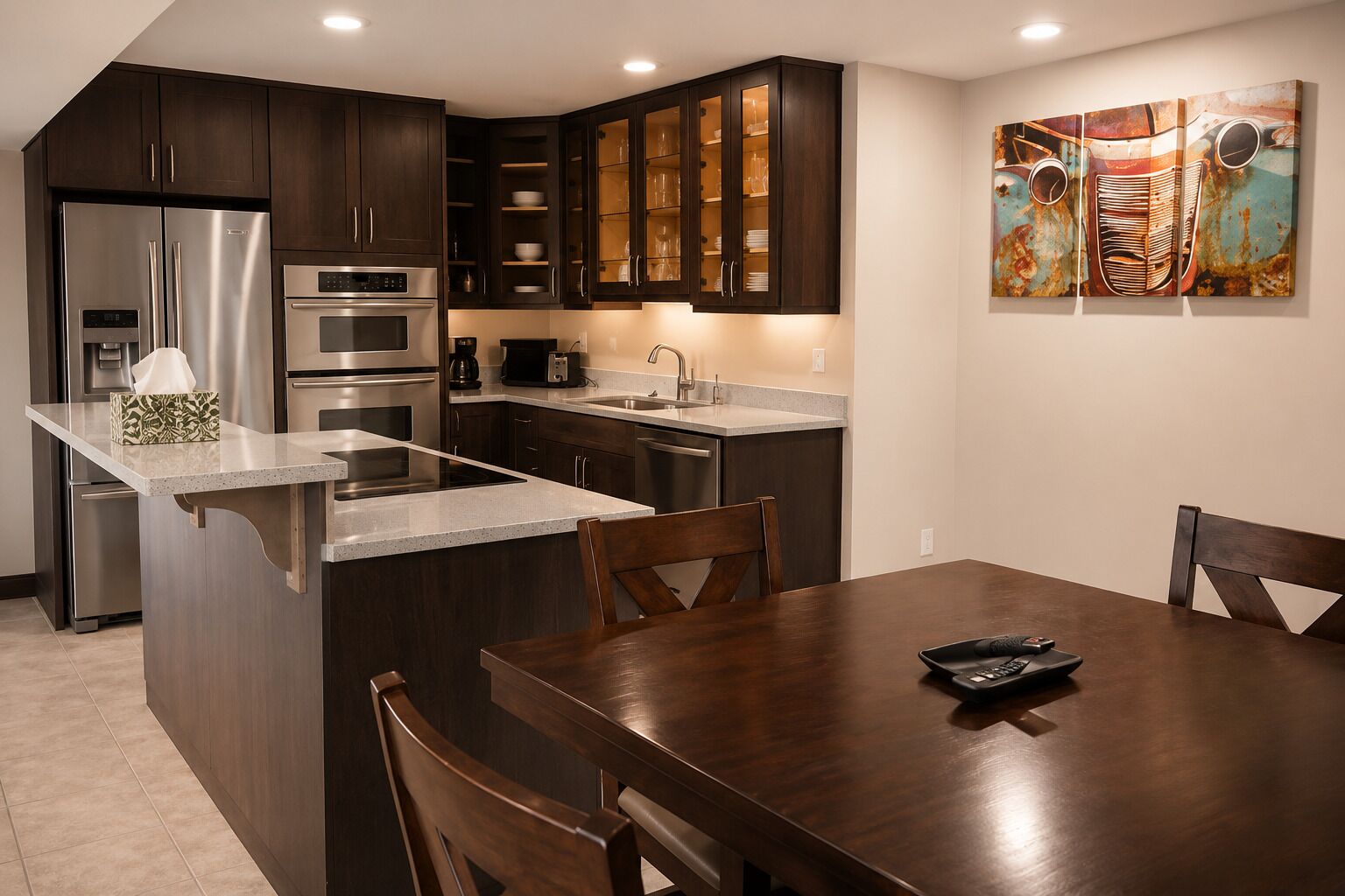 A modern kitchen with dark wood cabinets, stainless steel appliances, and a central island with seating.