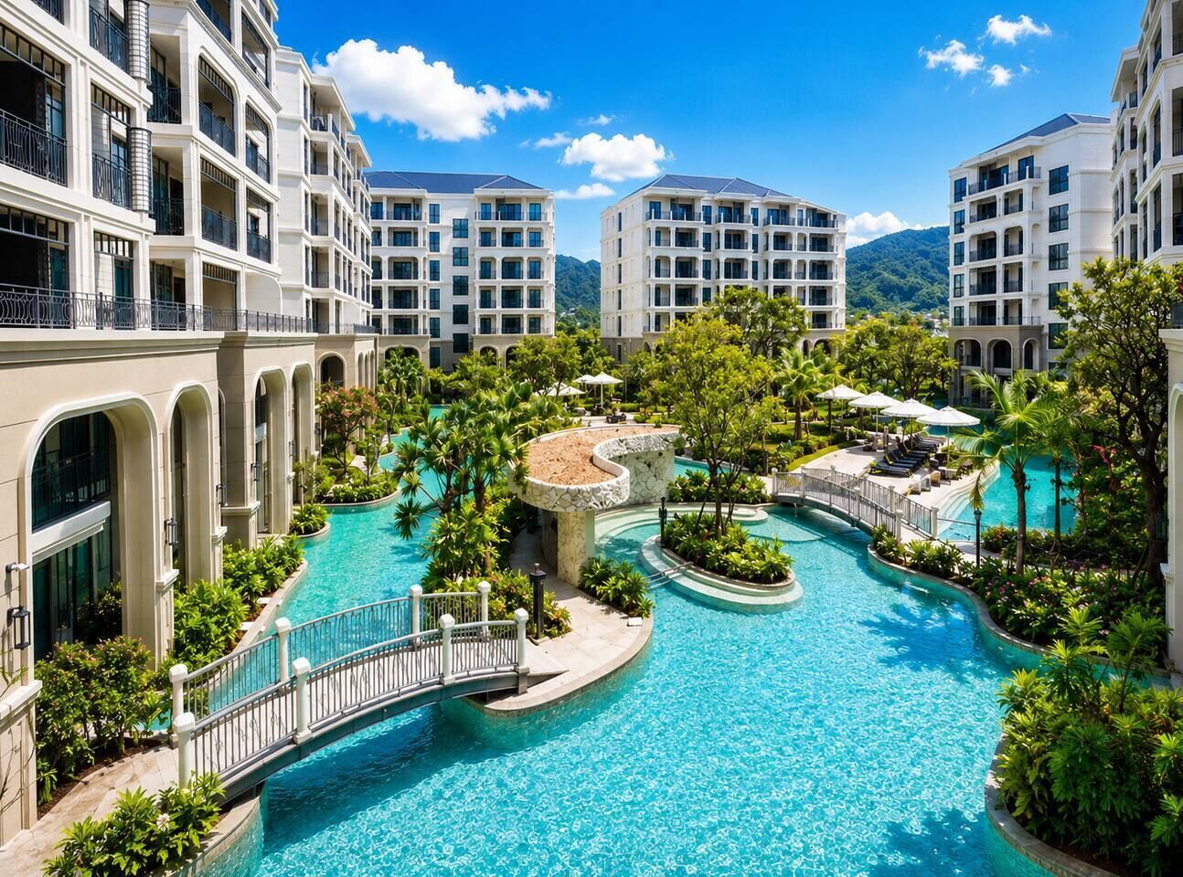 Ein Resort mit einem zentralen Schwimmbad, mehreren Gebäuden und üppiger Bepflanzung.
