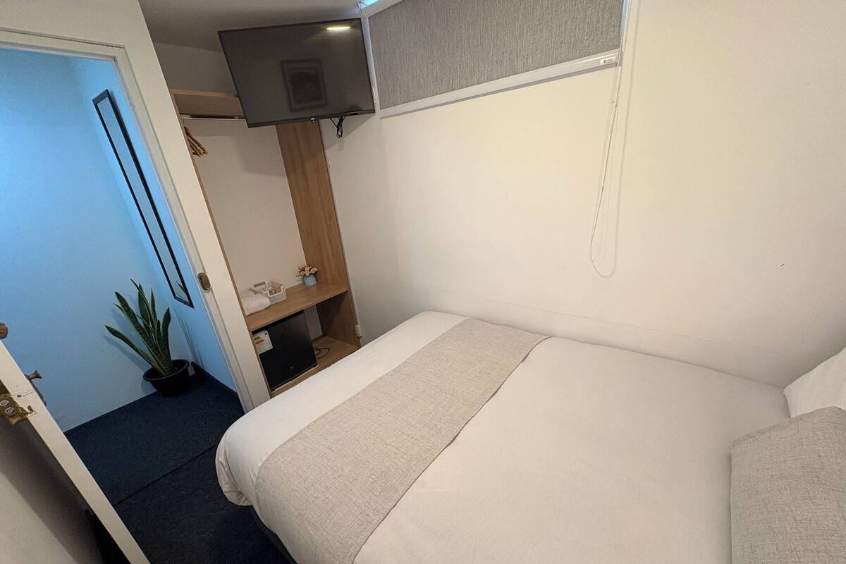 A small, neatly arranged bedroom with a bed, a television mounted on the wall, a small shelf with items, and a potted plant.
