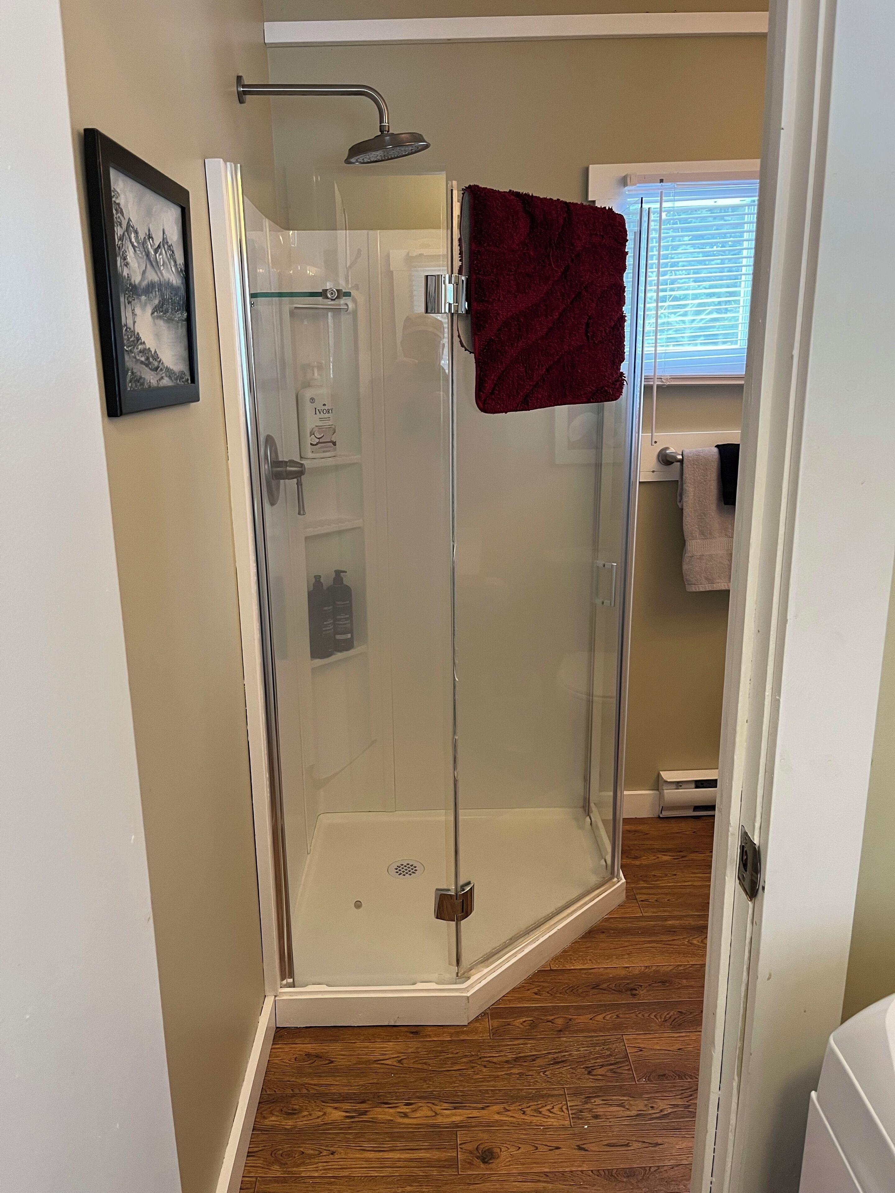 Ducha, secador de pelo, toallas, jabón