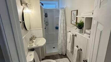 Shower, hair dryer, bidet, towels