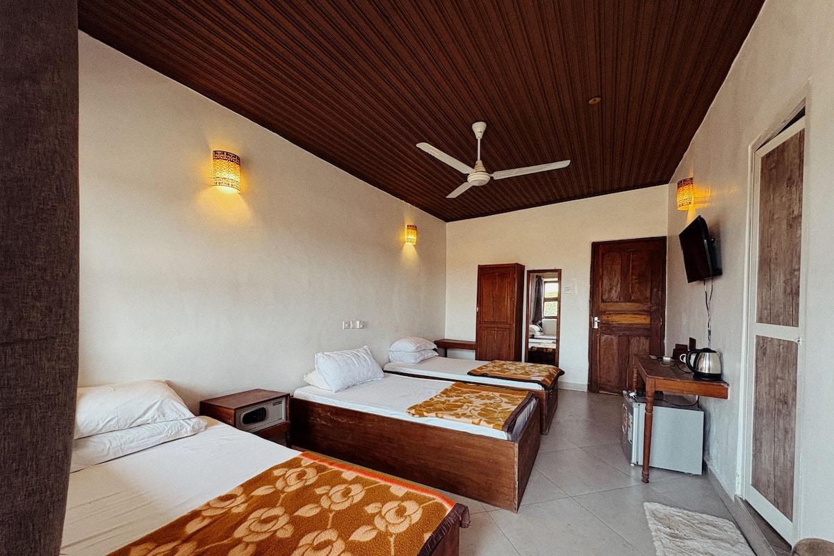 Une chambre d’hôtel avec trois lits, un ventilateur de plafond, une petite kitchenette et un téléviseur fixé au mur.