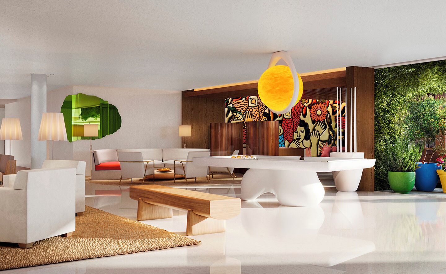 A modern interior with a central white table, sofas, and a hanging light fixture.
