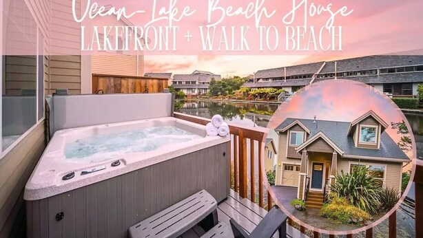 Una casa con jacuzzi en la terraza, vista al lago y acceso a pie a la playa.