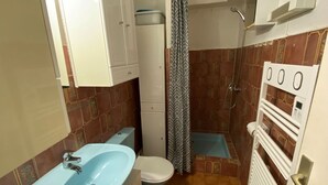 Een kleine badkamer met een blauwe wastafel, een wit toilet en een douchehoek.