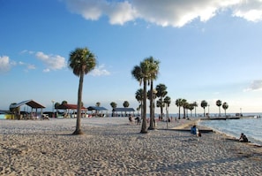 Una playa arenosa con palmeras y cabañas de playa.