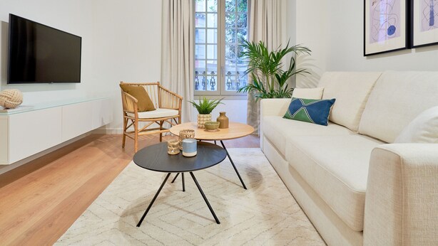 A modern living room with a flat-screen TV, a sofa, a chair, a coffee table, and a potted plant. - Charming 2-Bedroom Apartment in Central Malaga with Modern Amenities (Málaga)