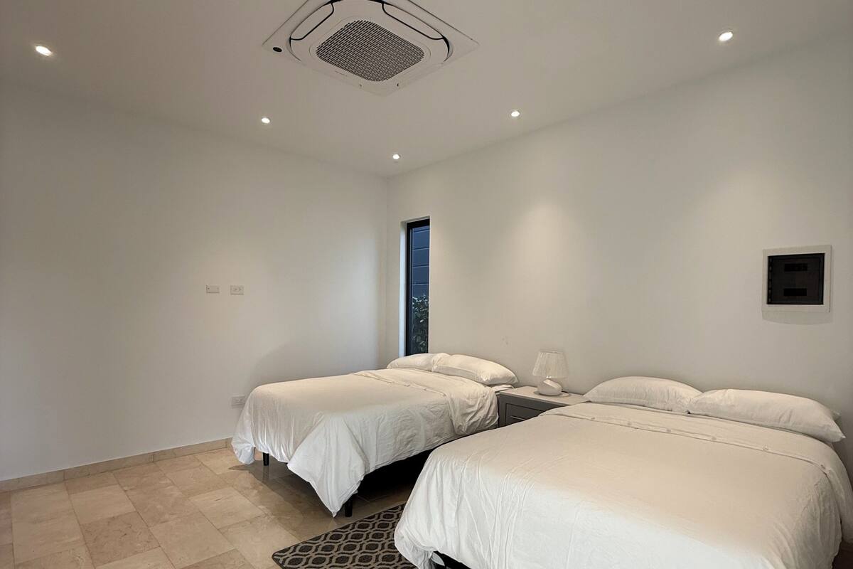 Een moderne slaapkamer met twee enkele bedden, een groot raam en een kamerbreed tapijt met dessin.