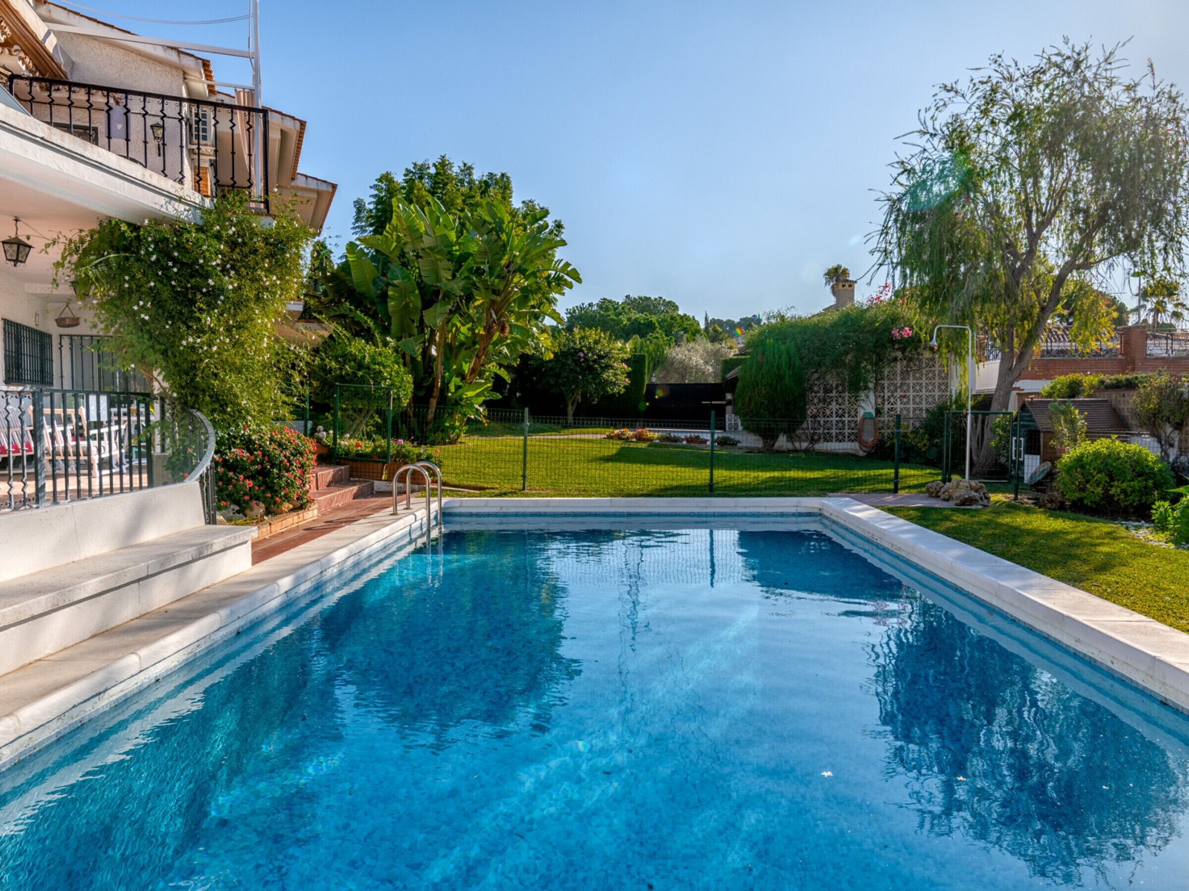 Una piscina rectangular con superficie de agua azul cristalina, rodeada por un césped cuidado y varios árboles.