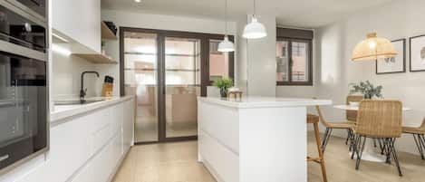 Fridge, microwave, oven, dishwasher