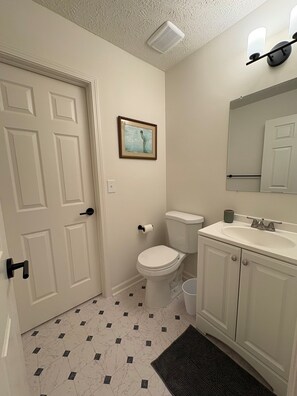 A bathroom with a toilet, sink, mirror, and a framed picture on the wall. - Cozy two bedroom cottage (Acworth)