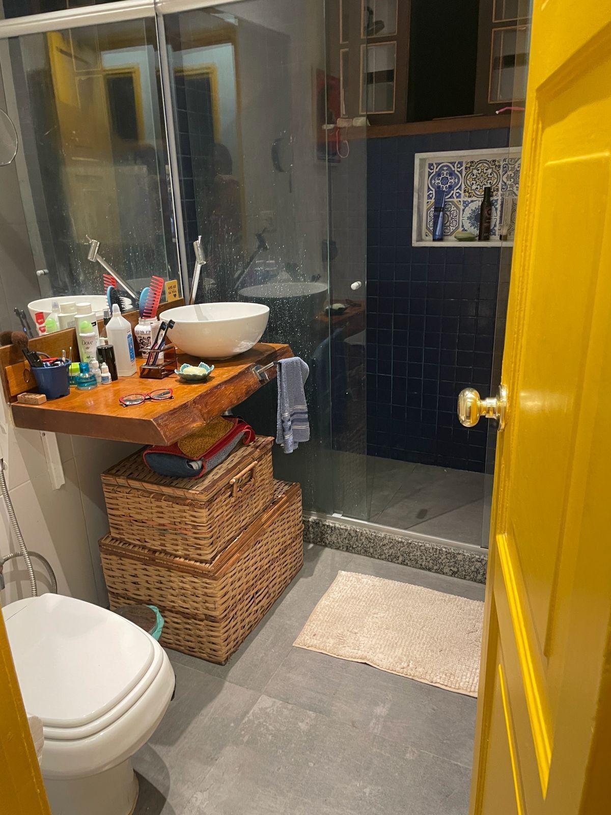 Chuveiro, secador de cabelo, toalhas de banho, papel higiênico