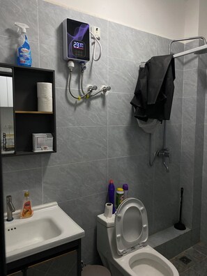 Une salle de bain équipée de toilettes, d’un lavabo et d’une douche. On y trouve un distributeur de savon, un porte-serviettes en papier et un petit panier fixé au mur.