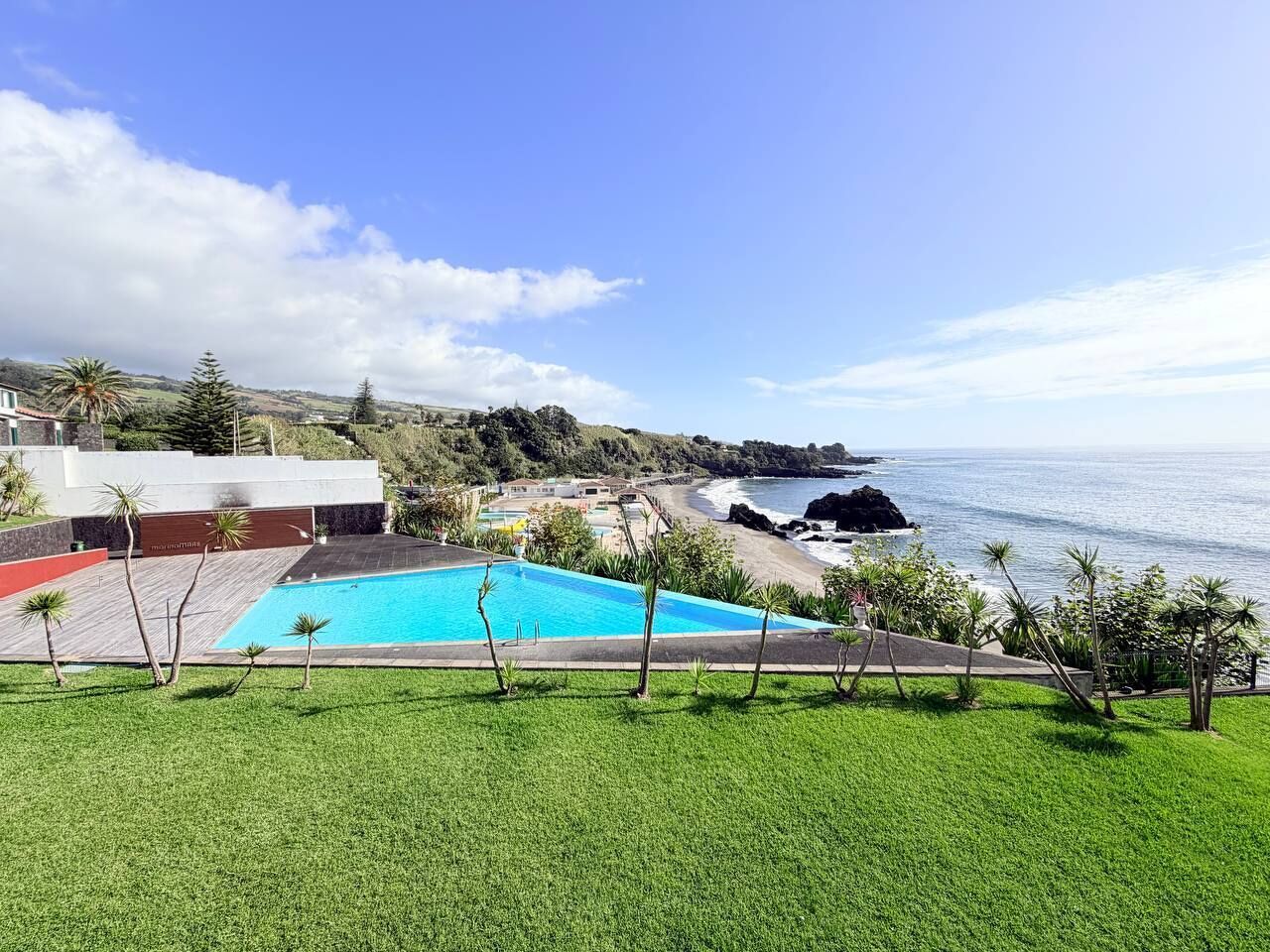 A swimming pool with a view of the ocean and a grassy area with palm trees.