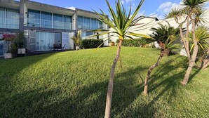 Un edificio moderno con grandes ventanales y un césped cuidado con palmeras.