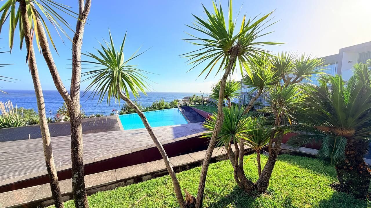 A pool area with a wooden deck, palm trees, and a view of the ocean.