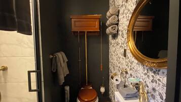 Hair dryer, towels, soap, toilet paper