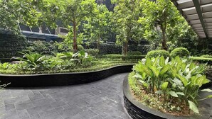 Un patio ajardinado con diversas plantas y árboles, un sendero curvo y un edificio moderno al fondo.