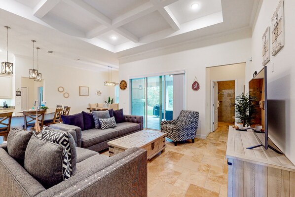 House, Multiple Beds, Kitchen, Garden View (Burning Bush Retreat) | Living area - Dog-friendly Home With Tesla EV Charger, Yard, Patio, Grill, AC, & W/D (Palm Coast)