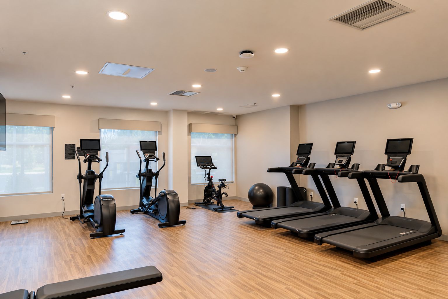 A gym with treadmills, elliptical machines, and exercise balls.