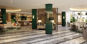 A spacious lobby with a bar area, seating arrangements, and a reception desk. - Hyatt Regency London Olympia (London)