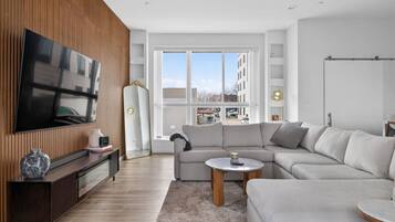 Smart TV, fireplace, stereo