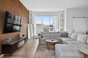 Smart TV, chimenea y estéreo