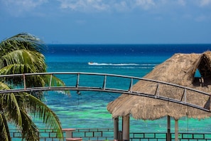 A beach view with a thatched-roof structure, palm trees, and a clear blue ocean. - Ocean View Penthouse in the Main Center (Playa del Carmen)