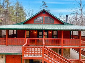 Cabin Exterior | Wraparound Decks | Forest Setting - Smoky Mtn Cabin w Hot Tub & Game Room! (Sevierville)