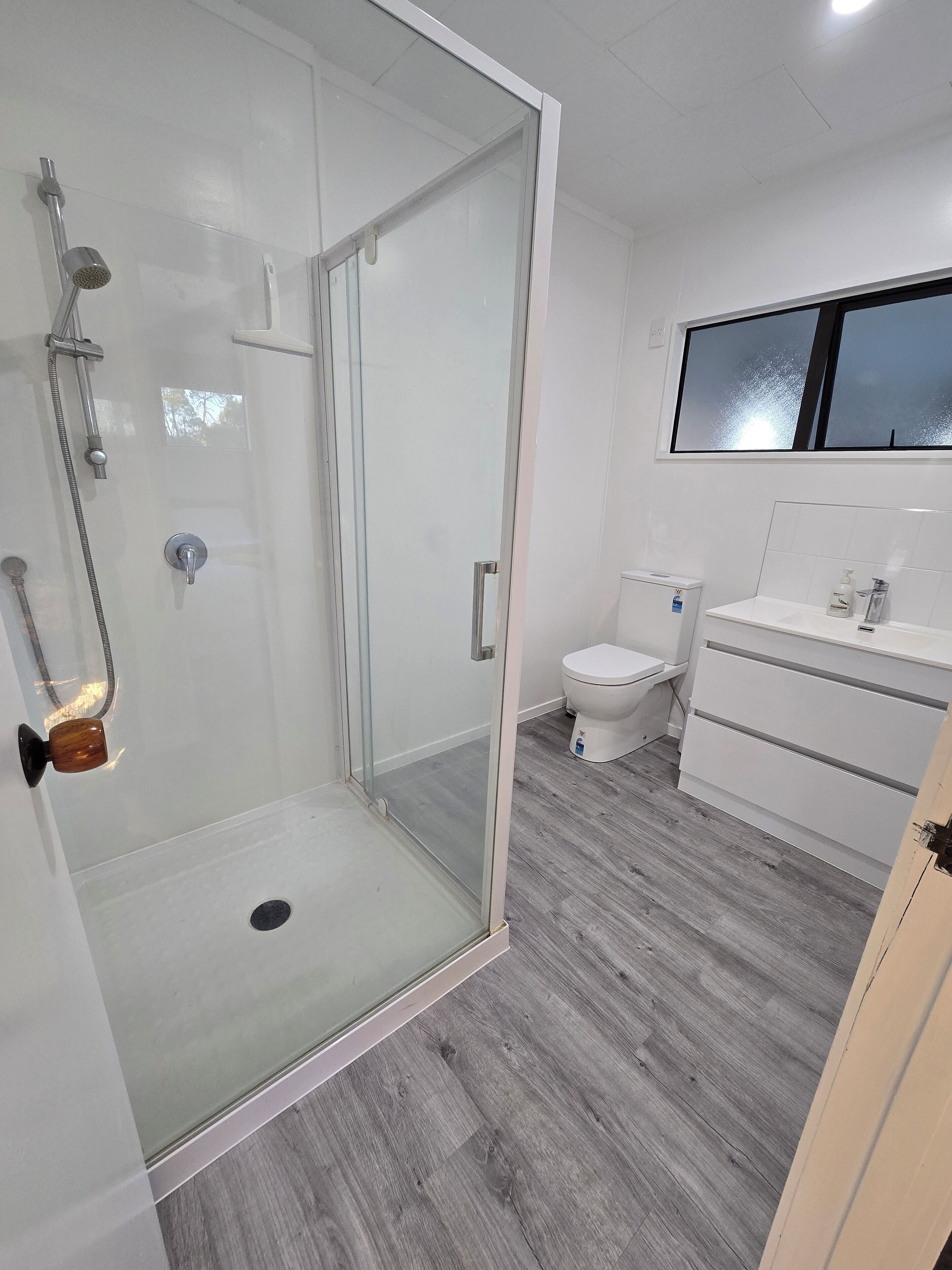 Shower, hair dryer, soap, toilet paper