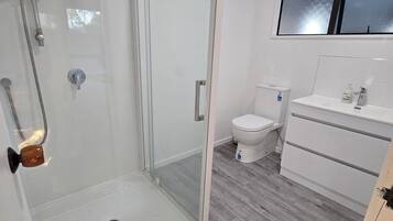 Shower, hair dryer, soap, toilet paper