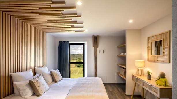 Een moderne slaapkamer met een groot bed, houten latten op het plafond, uitzicht op de omgeving en een nachtkastje met een lamp.