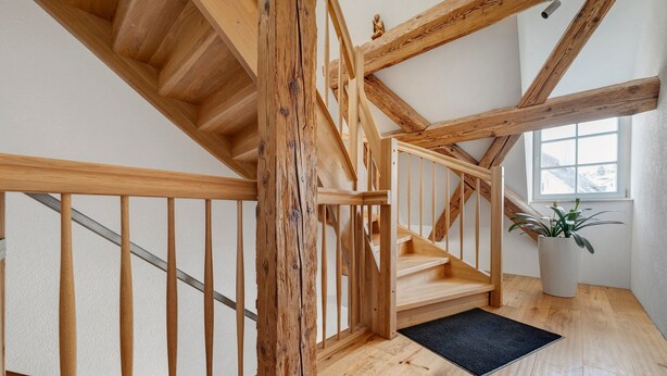 Un escalier en bois, un paillasson noir, une plante en pot et une fenêtre donnant sur des immeubles.