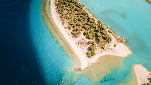 Ett flygbildsbild av ett kustområde med en sandstrand, klart turkosfärgat vatten och tät vegetation.